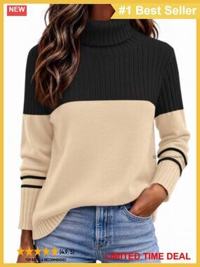 Turtleneck Ribbed Knit Pullover Sweater Long Sleeve Oversized Top